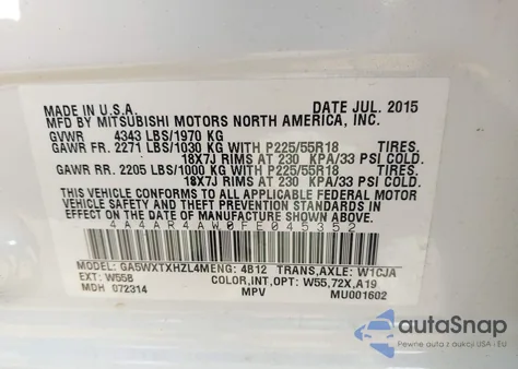 2015 Mitsubishi Outlander Sport Se/Gt from USA, damaged, VIN 4A4AR4AW0FE045352